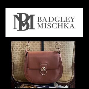 BADGLEY  MISCHKA Brown Leather Crossbody Saddle Bag with Gold Ring